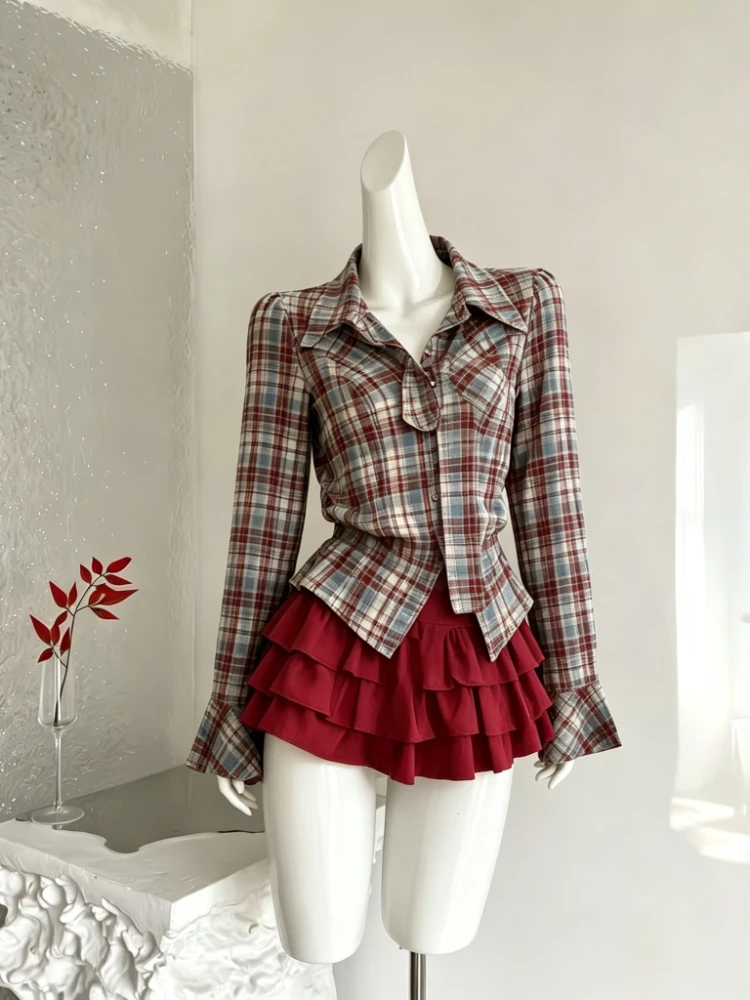 

Summer Casual Sweet 2 Piece Set for Women Plaid Shirts + Solid High Waist Design Mini Skirt Chic Fitted Daily Female Outfits