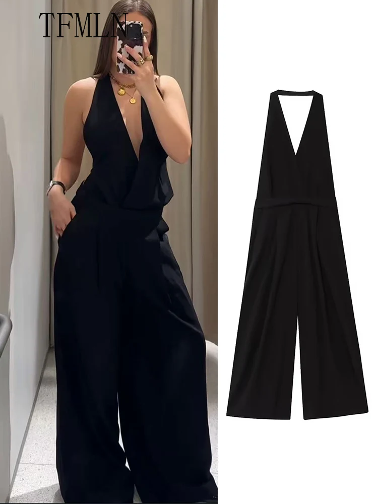 

TFMLN Summer Women Solid Jumpsuit 2025 Fashion Black Sleeveless Halter Backless Jumpsuit Sexy High Street Causal Jumpsuit
