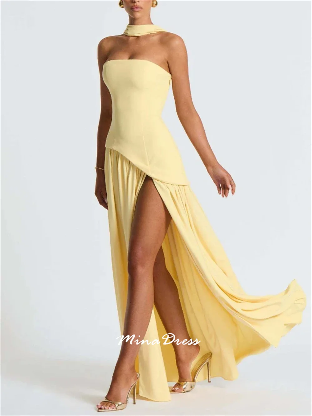Mina Customized Strap Breast High Slit Evening Dresses for Special Occasions Sleeveless and Backless Strapless Shiny Dress Prom