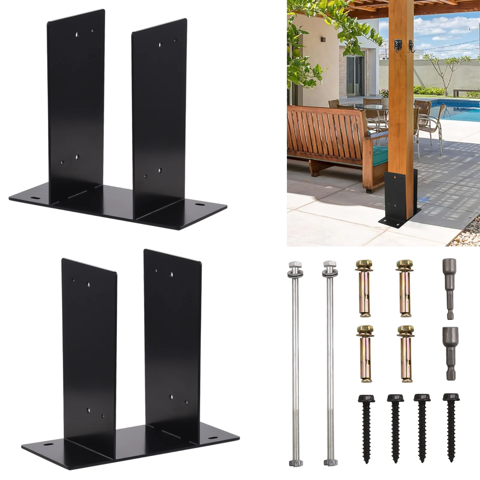 

3.5/5.5 Inch Alloy Steel Post Bracket, Heavy Duty Decking Posts Black Post Base Holder, 2 Pcs Set