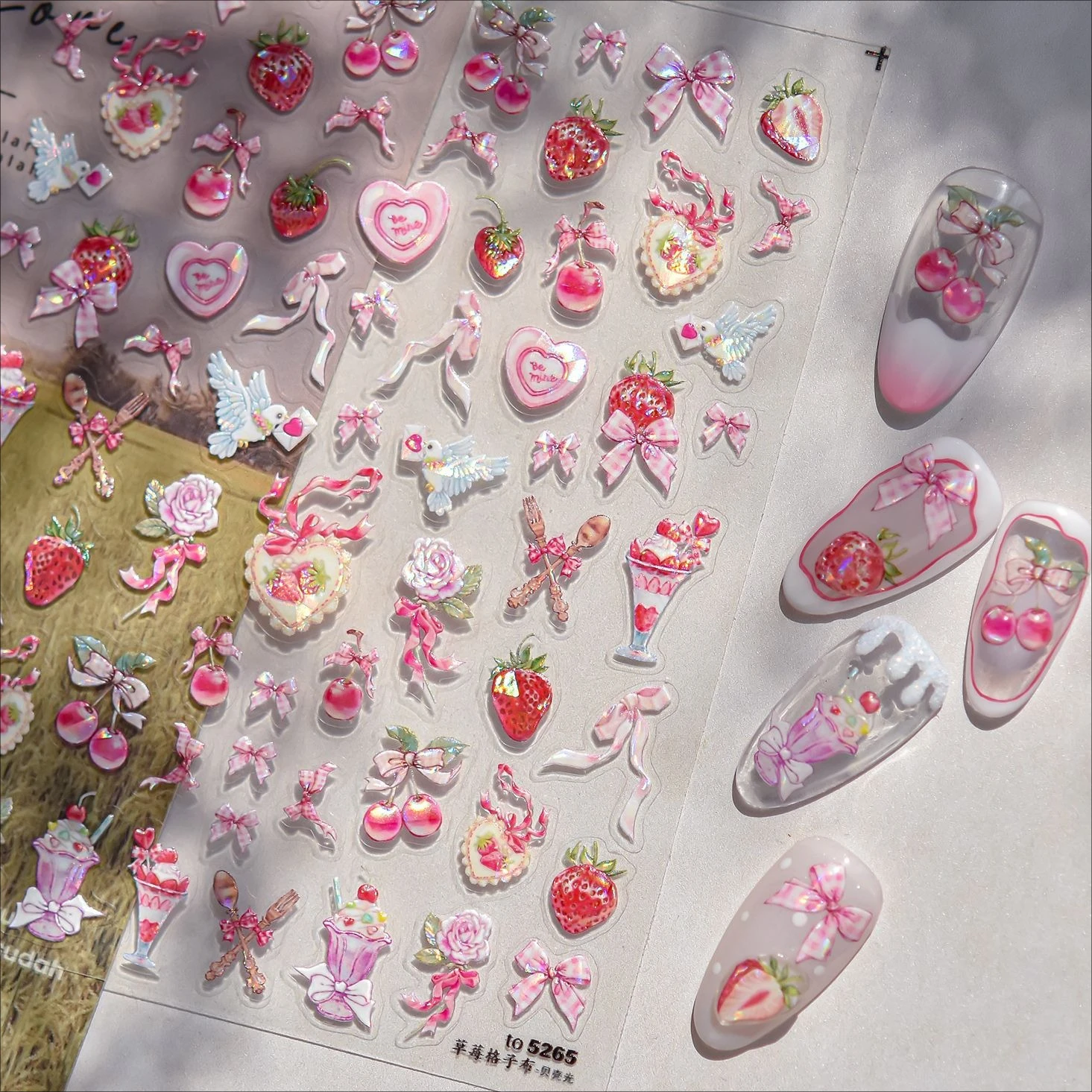 Mooie rode appel kawaii kat luipaard ster kant strik lint aardbei kersen roze hart roos nail art stickers manicure stickers