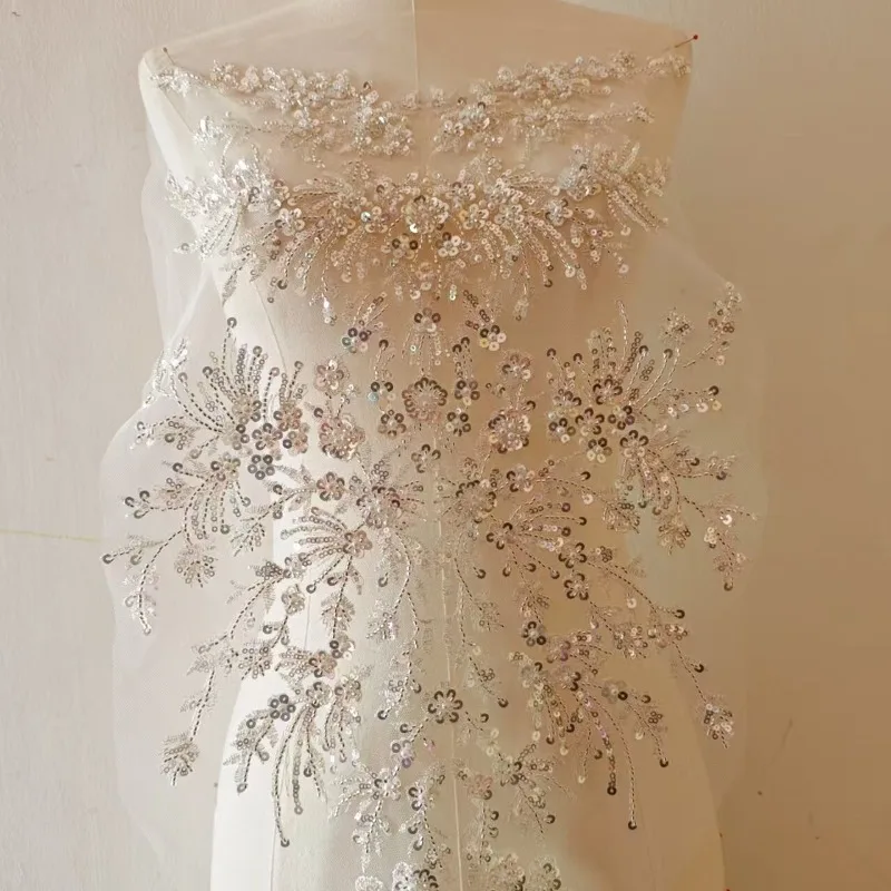 New Silver Beaded Embroidered Patches Ideal for Bride Wedding Dresses Decorative Fabric Accessories with Beads and Sequins