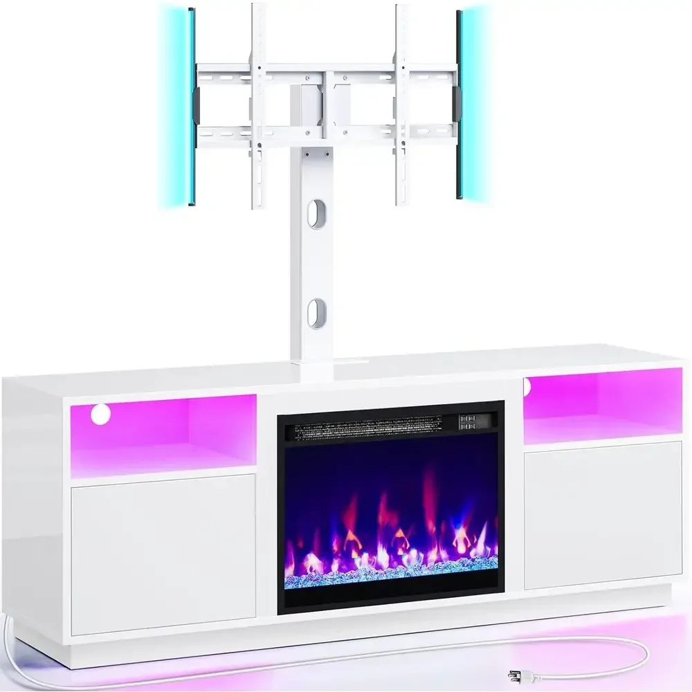 LED Lighted TV Stand with Power Outlets, Electric Entertainment Center, Swivel Mount for 45-65 TVs, White Height-Adjustable TV S