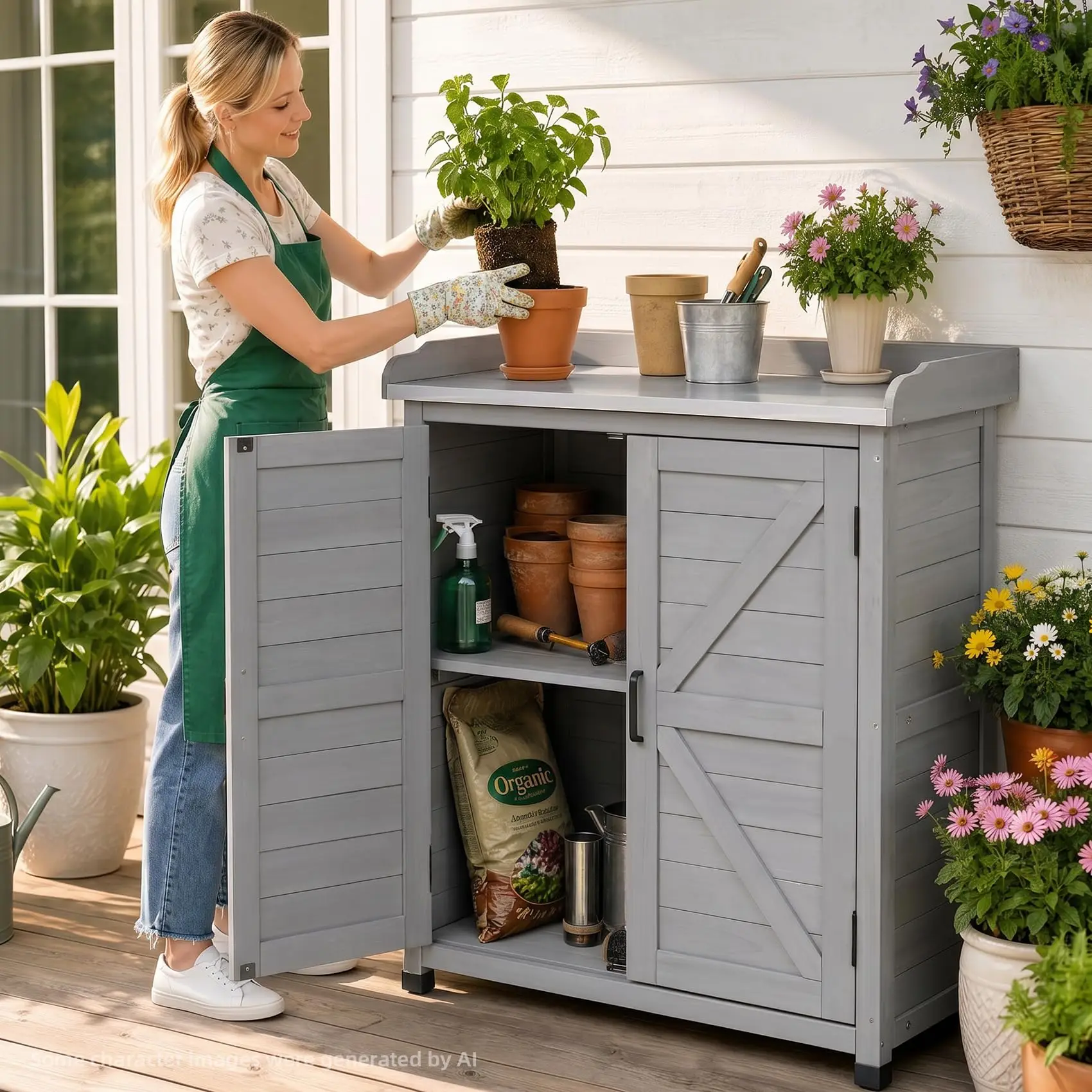 Outdoor Potting Bench with Storage Cabinet, Wooden Garden Potting Table with Metal Tabletop, Workbench Station for