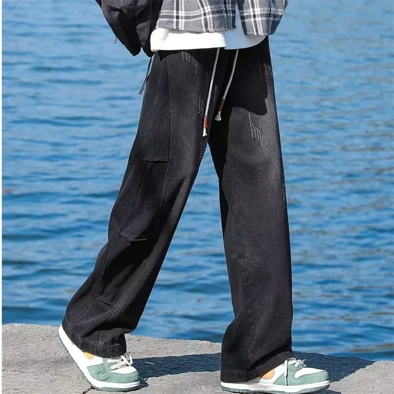

Autumn Men's Distressed Drawstring Straight Jeans High Street Patchwork Baggy Denim Pants 2025 New Hip Hop Fashion Y2K Jean