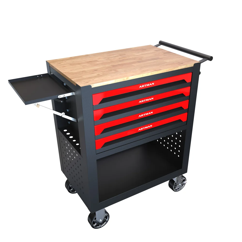 

4 DRAWERS MULTIFUNCTIONAL TOOL CART WITH WHEELS AND WOODEN TOP