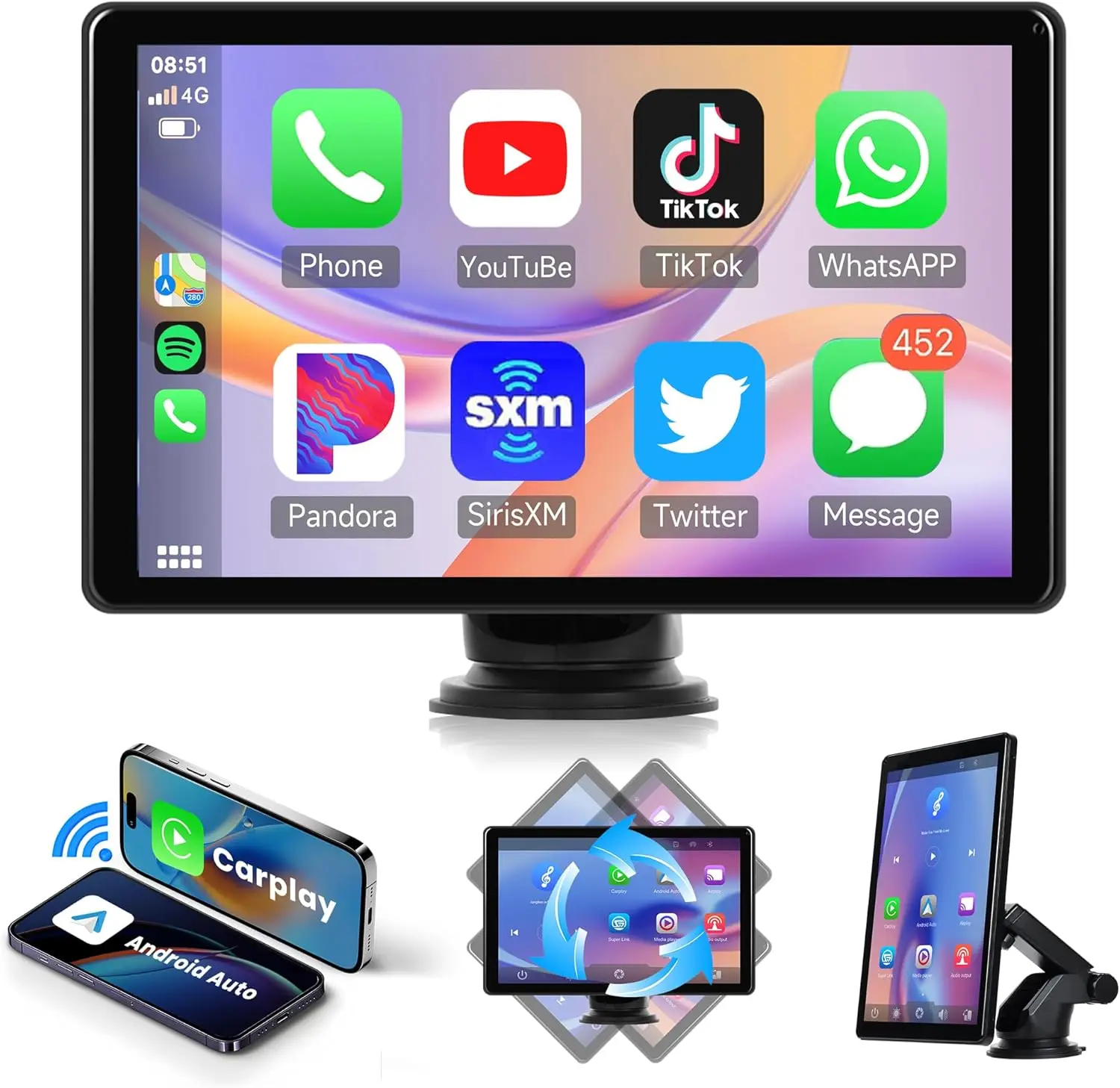 

8-inch Wireless CarPlay Screen with HD Backup Camera, Android Auto, Bluetooth, FM, GPS, Voice Control, AUX
