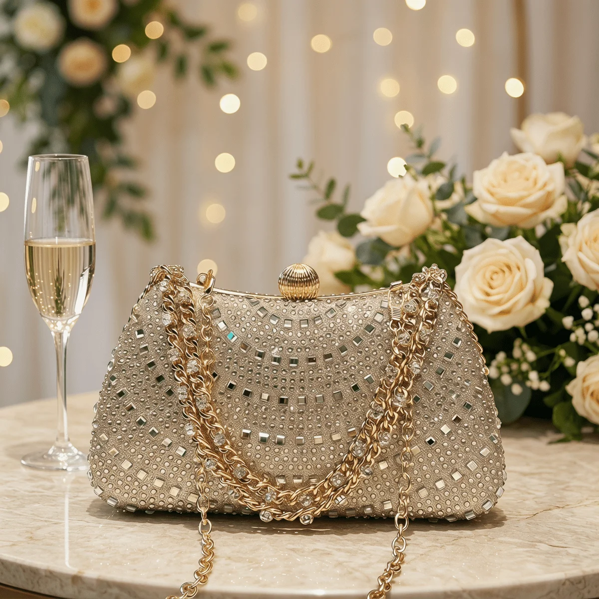 

Silver Glitter Rhinestone Clutch Bag For Women Evening Party Bridal Handbag Polyester
