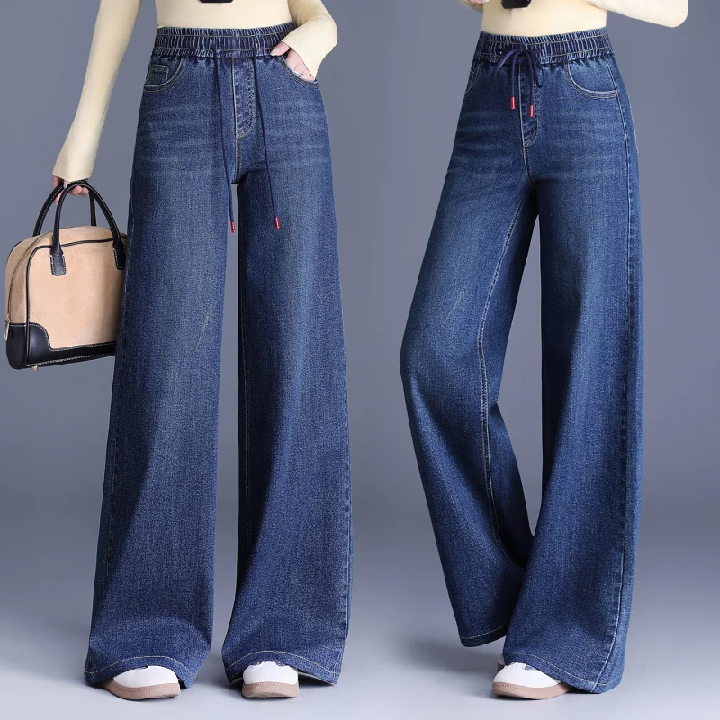 Jeans Herbst Neue Elastische Taille Plus Größe Slim Fit Breite Bein Hosen Dehnbare Drapierte frauen Hosen