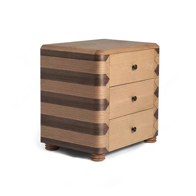 

Medieval solid wood bedside table wood grain color matching against the wall Nordic retro bedside locker