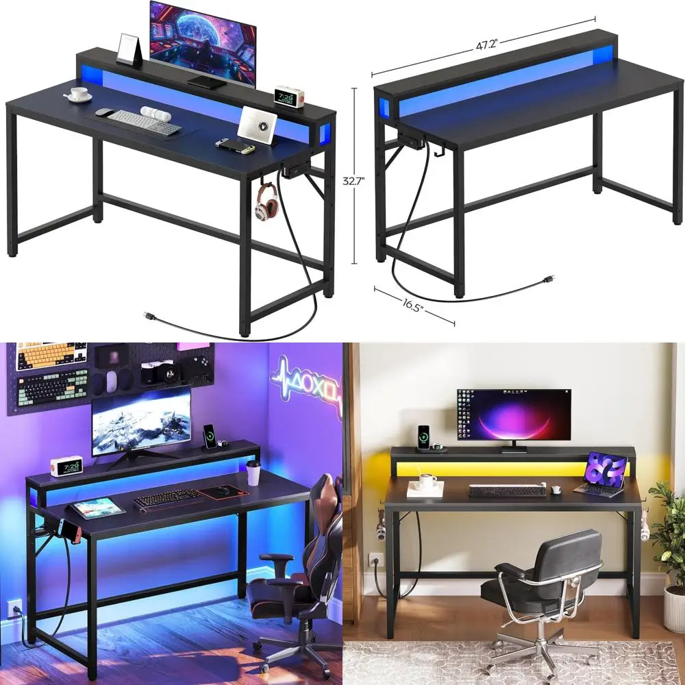 

Gaming Desk with LED Lights and Charging Station, 2-Tier Home Office Desk for Monitor Stand and Side Hooks