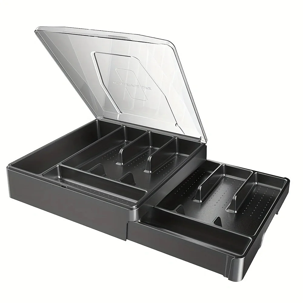 

Double silver tray with lid, cutlery tray drawer organizer, cutlery storage rack with lid, black