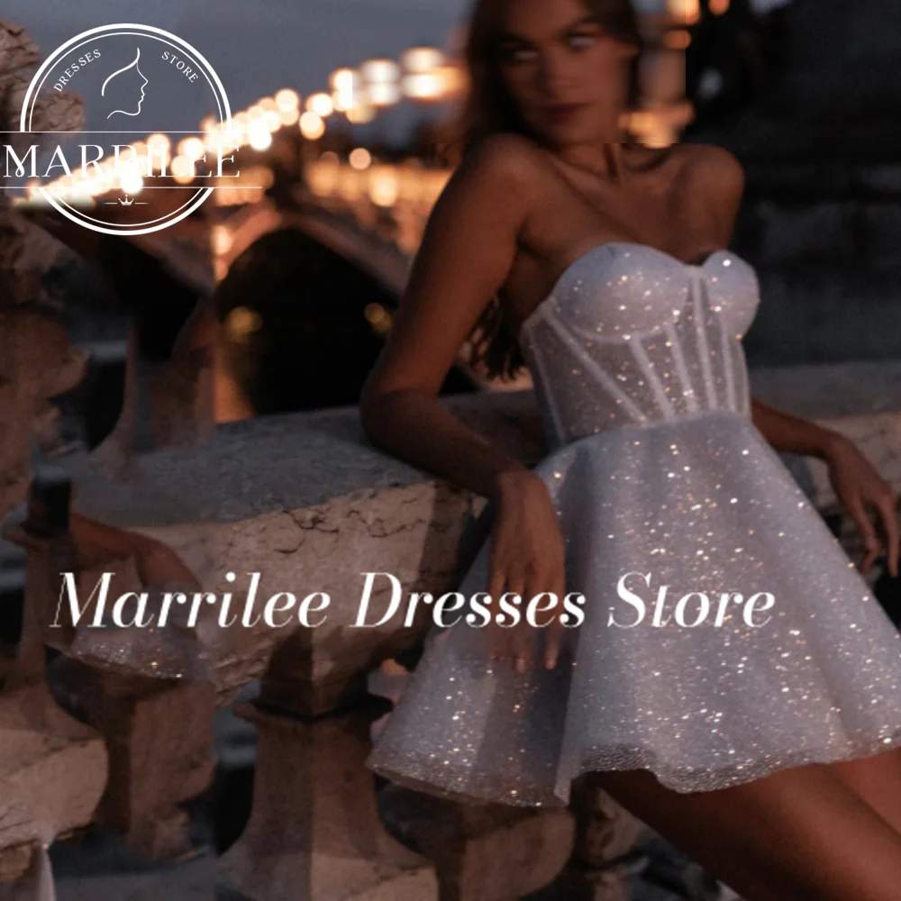 Marrilee  Customized Wedding Dress Short Mini Shiny Skirt Evening Dresses Spaghetti Straps Ribbon Bridal Gown Formal Party Dress