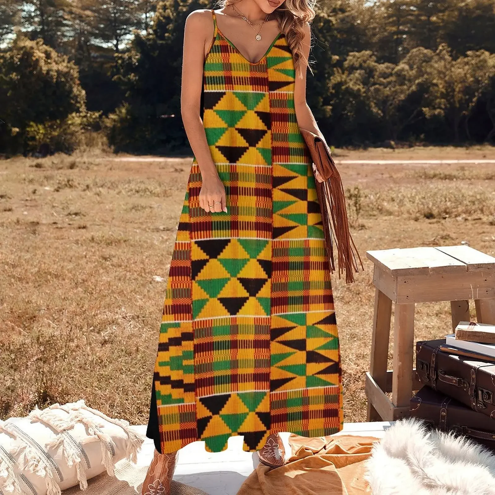 African Pattern Authentic Kente Cloth Pattern African Ghana Design Sleeveless Dress dress korean style summer dress