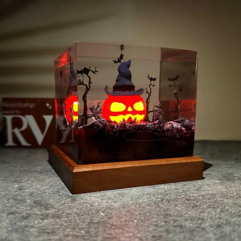 Handmade Pumpkin Halloween Light Resin Wooden Night Light Halloween Gift