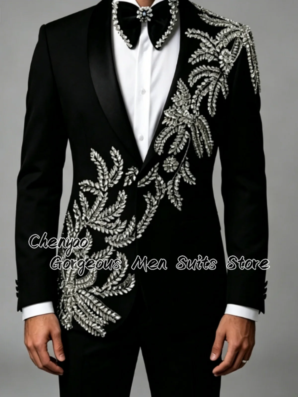 

Luxury Crystal Leaf Embroidery Men Suits 2Pieces Sets Customized Groom Tuxedos Wedding Party Male Blazers Business ropa hombre