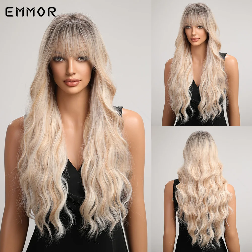 

Emmor Ombre Blonde Brown Wig Synthetic Wavy Wigs with Bangs for Women Cosplay Party Lolita Use Heat Resistant Fiber Hair Wig