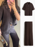 Brown Knit Pants Sets Women Hollow Out Lapel Half Sleeve Cardigan Wide Leg Trousers Suit 2025 Summer Lady Beach 2 Pieces Outfits