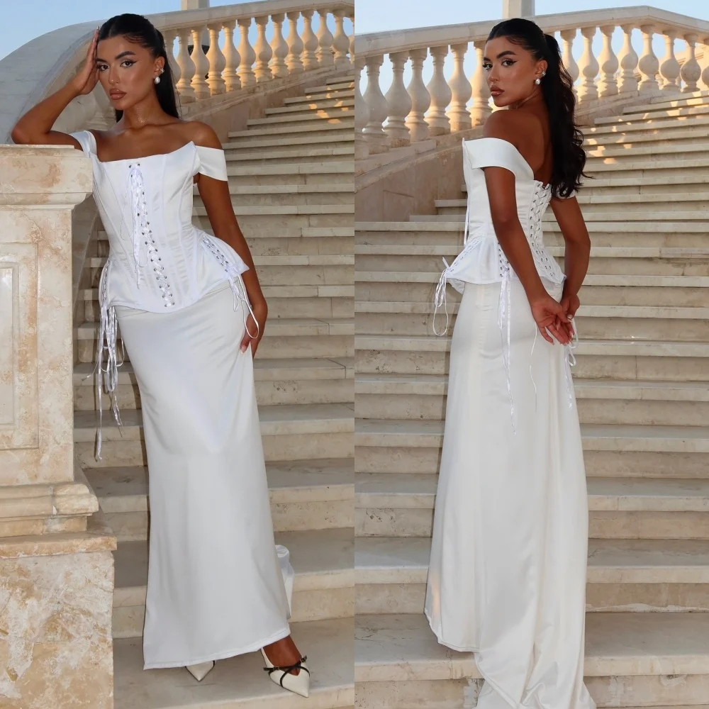 

Customized Charmeuse Ribbon Lace-up Off-the-shoulder Trumpet Midi Dresses Bespoke Occasion Woman Elegant Party Wedding Guest