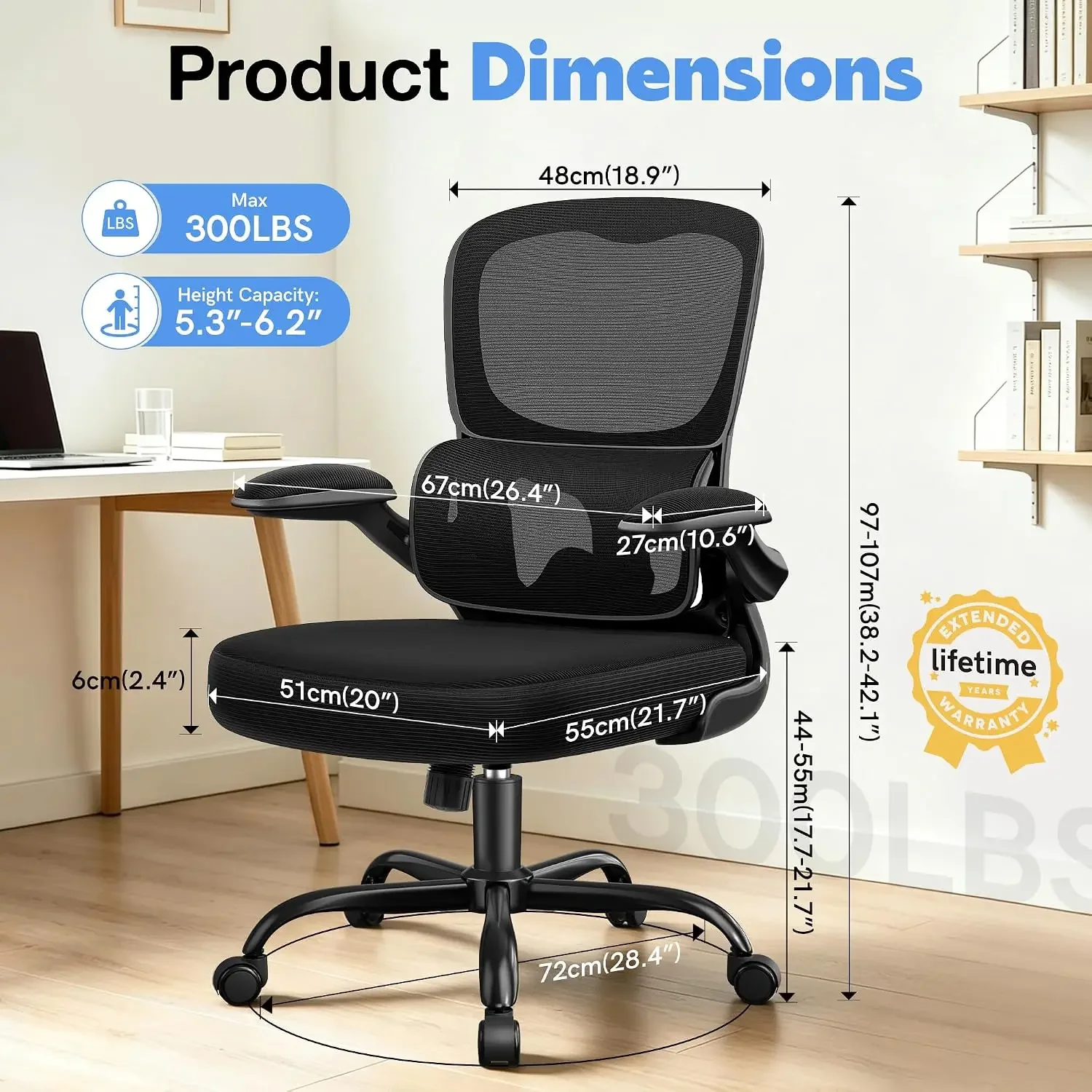 ALLGOD Ergonomic Office Chair, Breathable Mesh Ergonomic Desk Chair with Adjustable Lumbar Support, Flip-up Armrests, Computer Chairs Comfortable for Home, Office, Work, 300lbs, Black, Upgrade