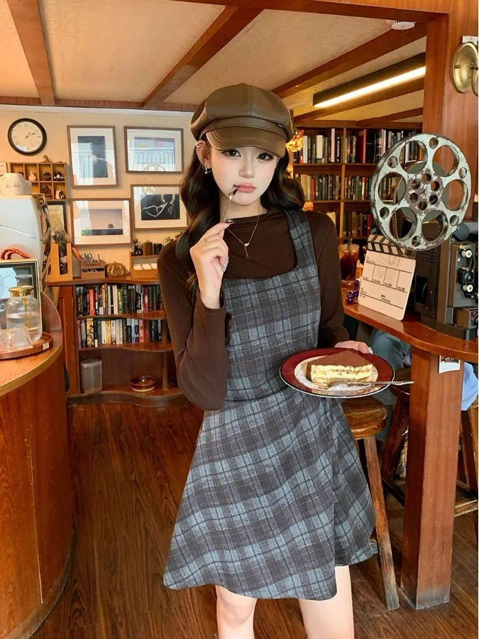

plus Size Women's Vintage Plaid Pleated Skirt Dr Autumn New Sle Slimming Inner irt Top Trendy Commute Wind High Waist ...