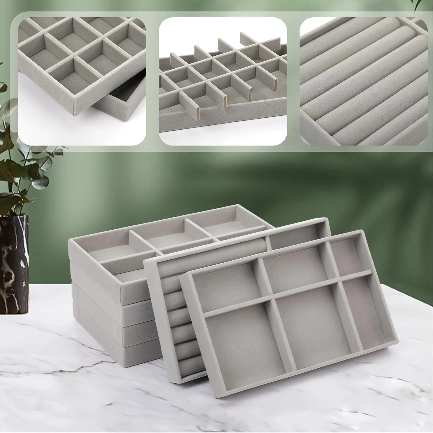 Grey Jewelry Organizer Velvet Jewelry Storage Tray Display Ring Bracelet Necklace Storage Box Showcase Drawer