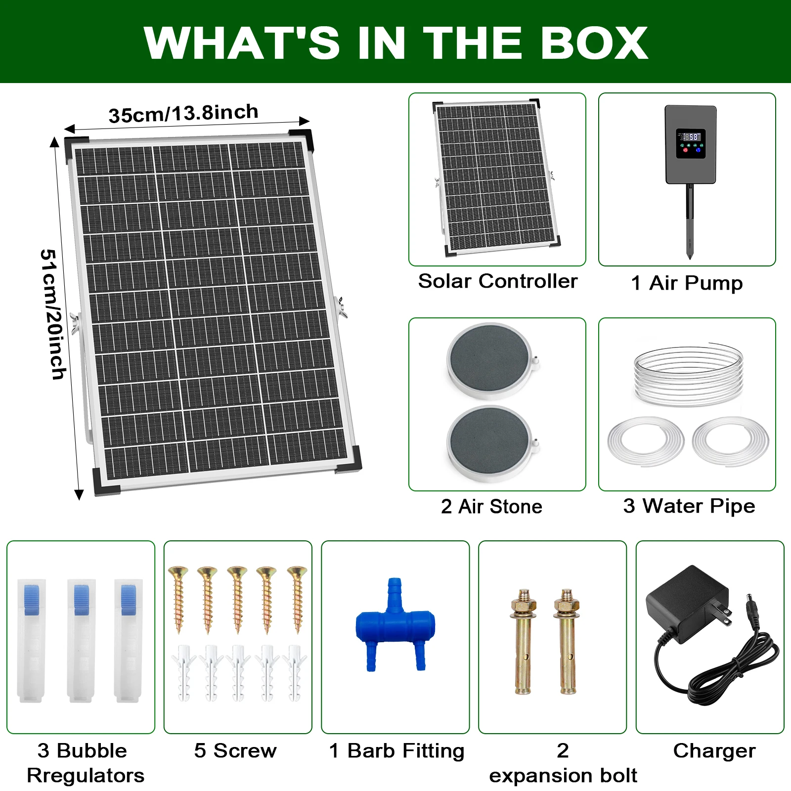 Solar Pond Aerator Air Pump Battery with Air Hoses and Bubble Stones Fish Tank Bubble Oxygenator 30W