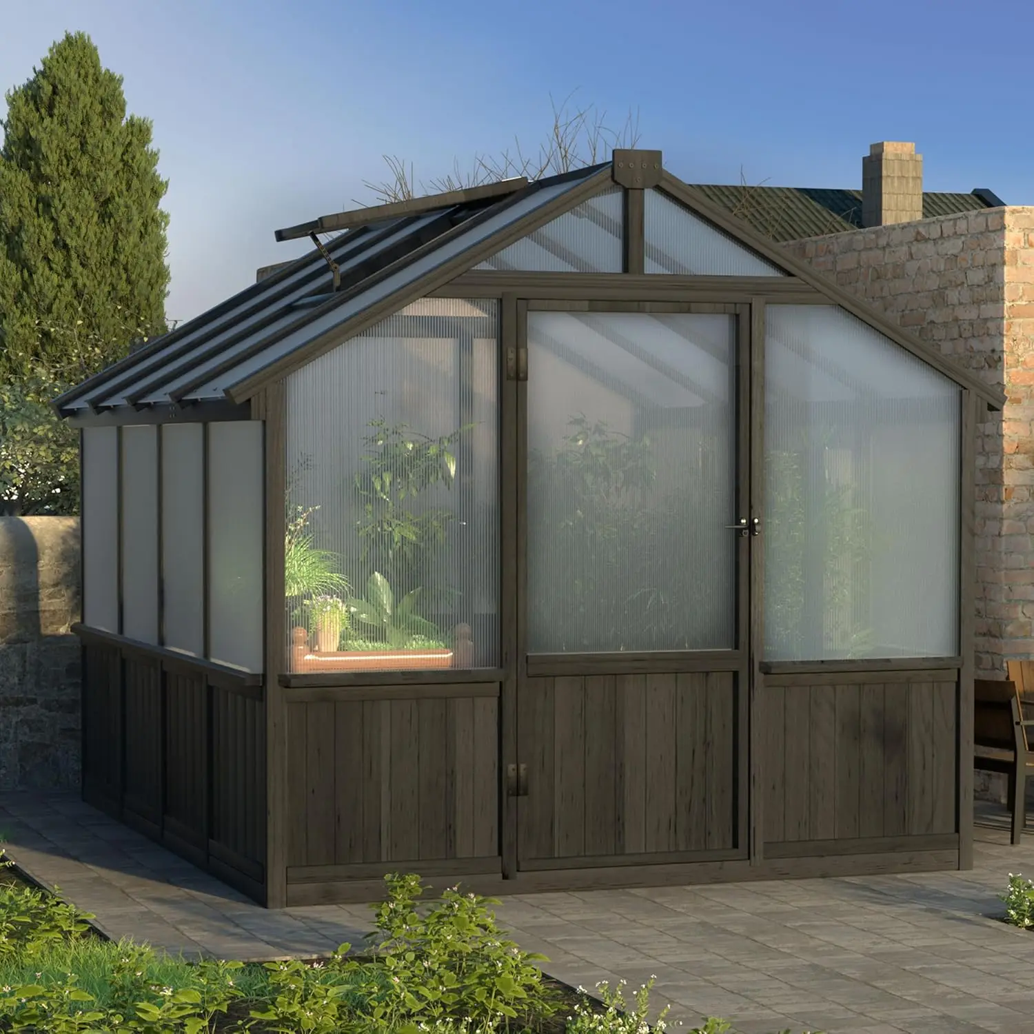 

8x8FT Wooden Polycarbonate Greenhouse 6mm UV Panel Vent Window Lock Door Walk Patio Backyard Custom
