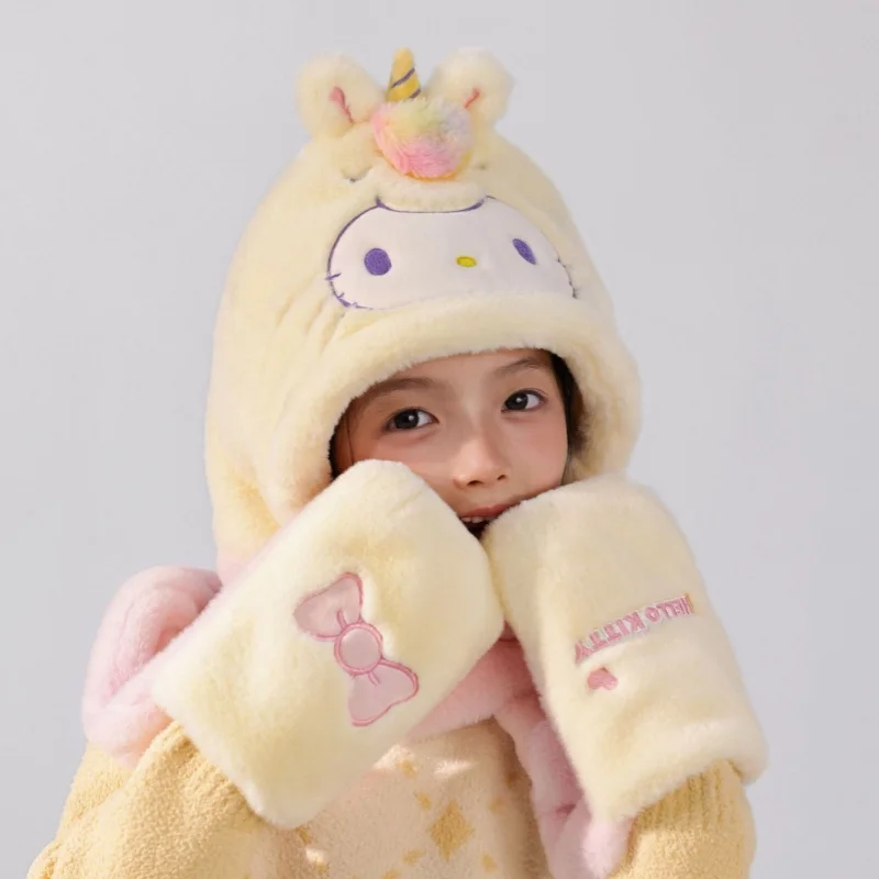 Sanrio Hello Kitty Hat Scarf and Glove Three-in-one Set Children's Plush Warm Scarf Winter Windproof Hat Gloves Cartoon Gift