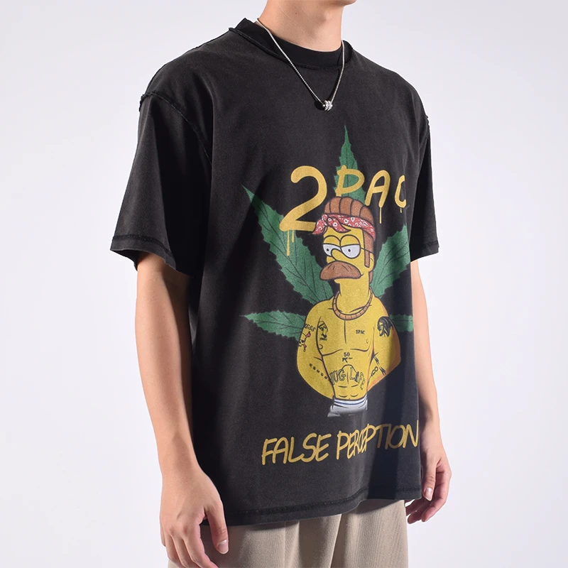 New 2Pac Anime Character Casual American High Street Pop Vintage Wash Oversize Pure Cotton VTG Short sleeved T-shirt for Men