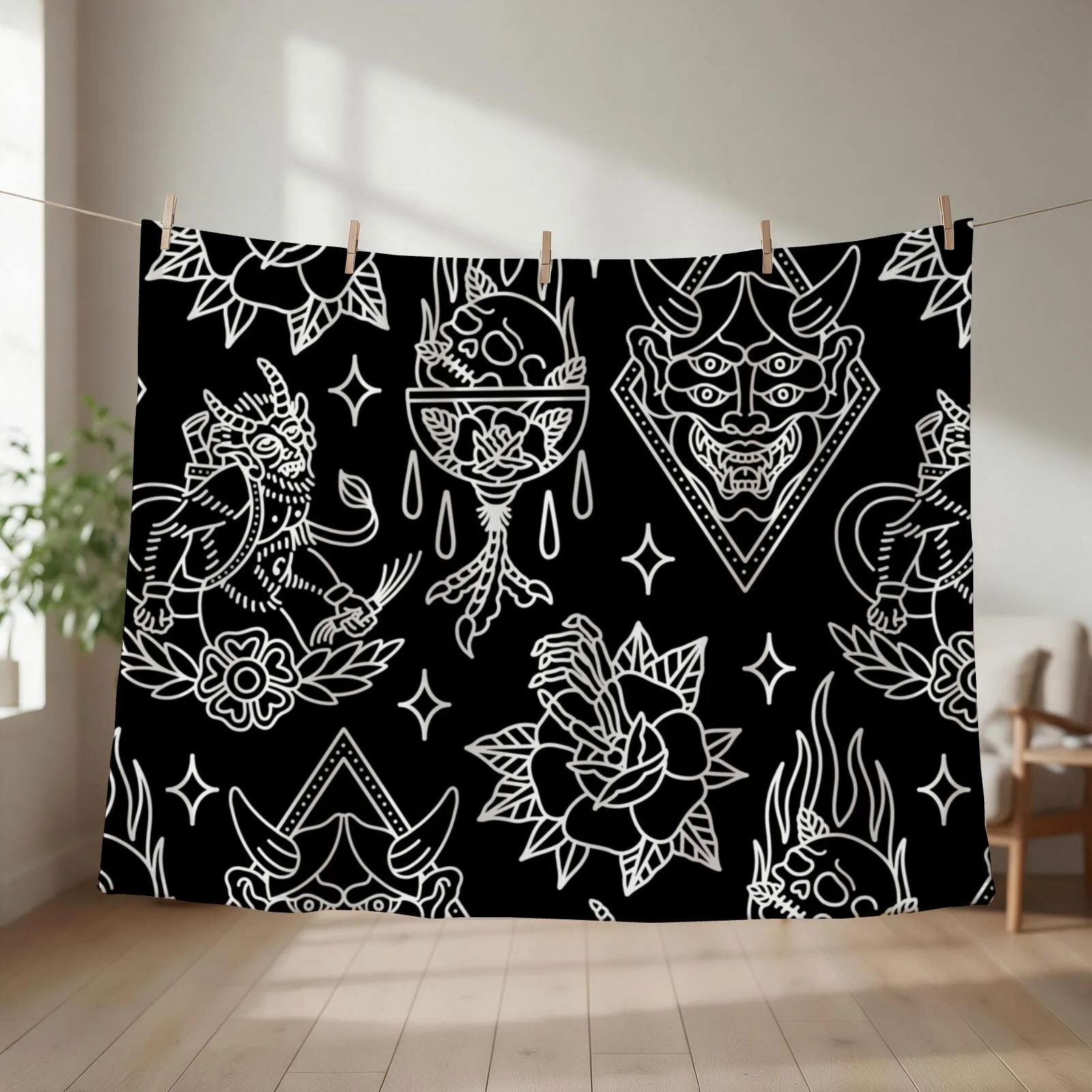 Black and White Traditional Tattoo Flash Pattern Throw Blanket decorative Sofa Quilt Beautifuls Blankets