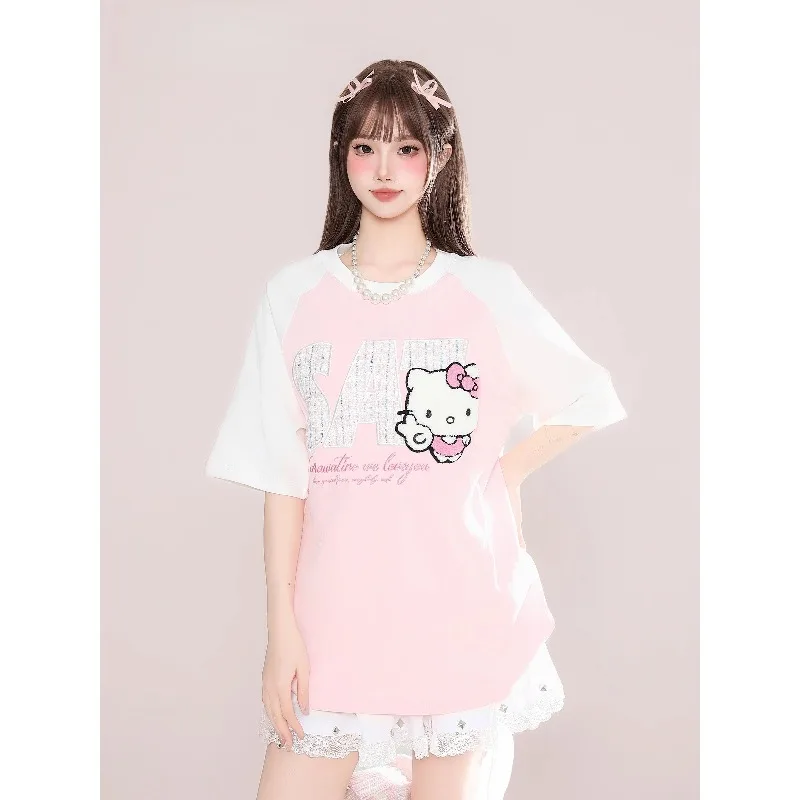 New 3D Printed Soft Cute Hello Kitty Quick Drying Short Sleeved T-shirt Sweet Commuting Contrasting Color Splicing Casual Top