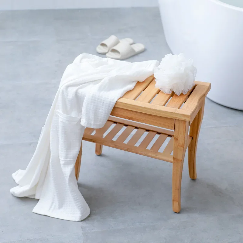 Two Layer Bamboo Bathroom Stool Anti-Skid Pregnant Women Bath And Shower Bench Safety Seat Japanese Style Shower Stool