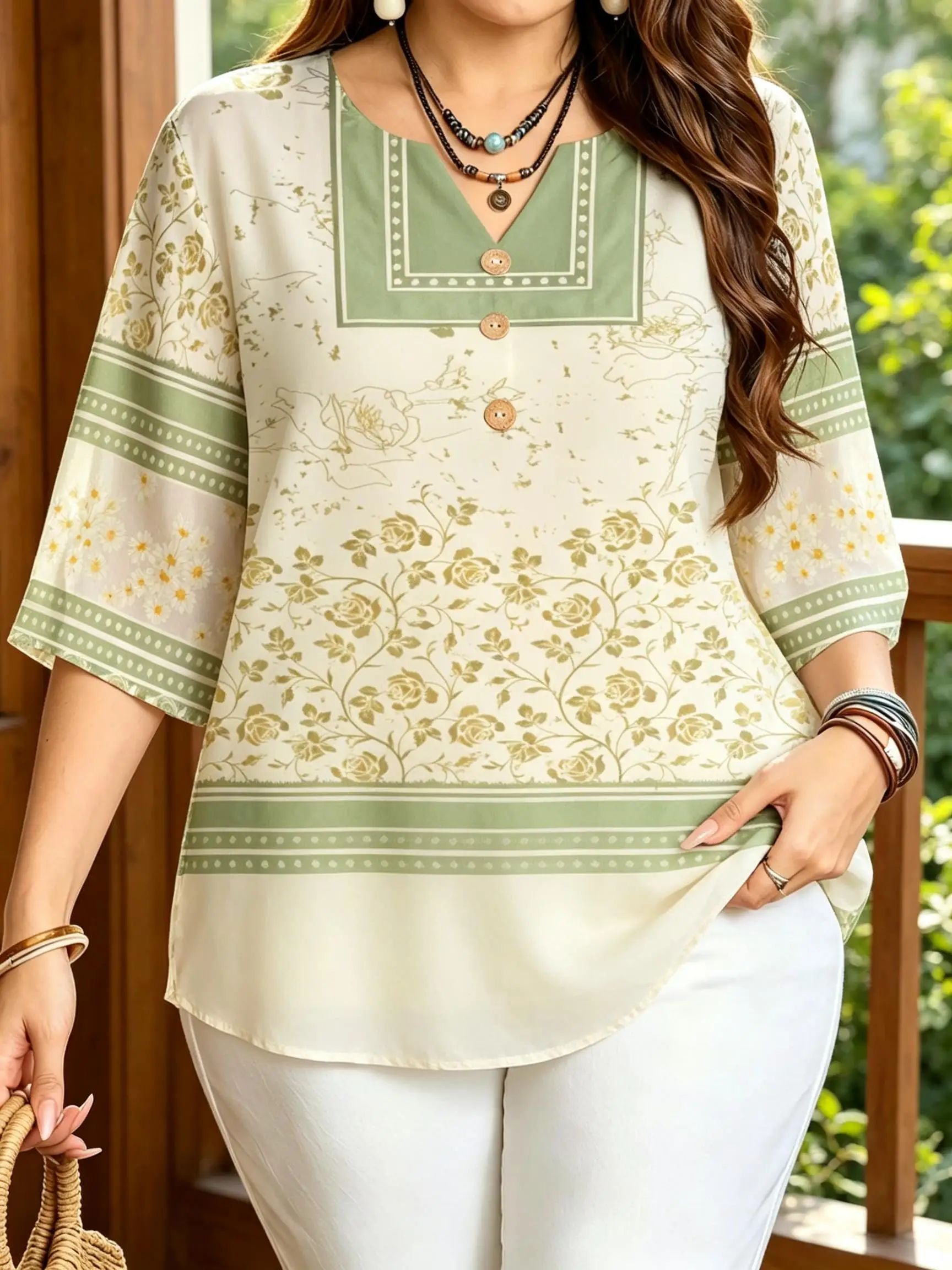Ethnic Border Rose Floral Blouses Notch Split V Neck 3 Decor Buttons 3/4 Sleeve Loose Plus Size Women Casual Tops