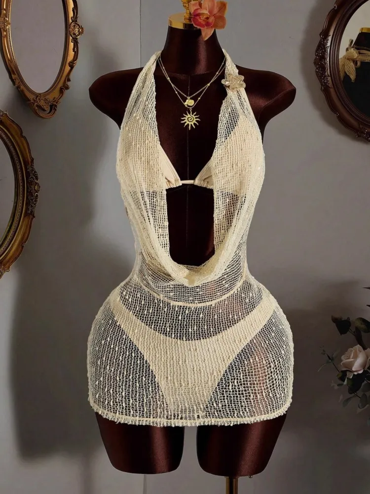 One Piece Sexy Women Mini Beach Dress Hollow-Out V-Neck Sleeveless Bikini Cover-Ups Dress Fall Backless Holiday Dress 2026