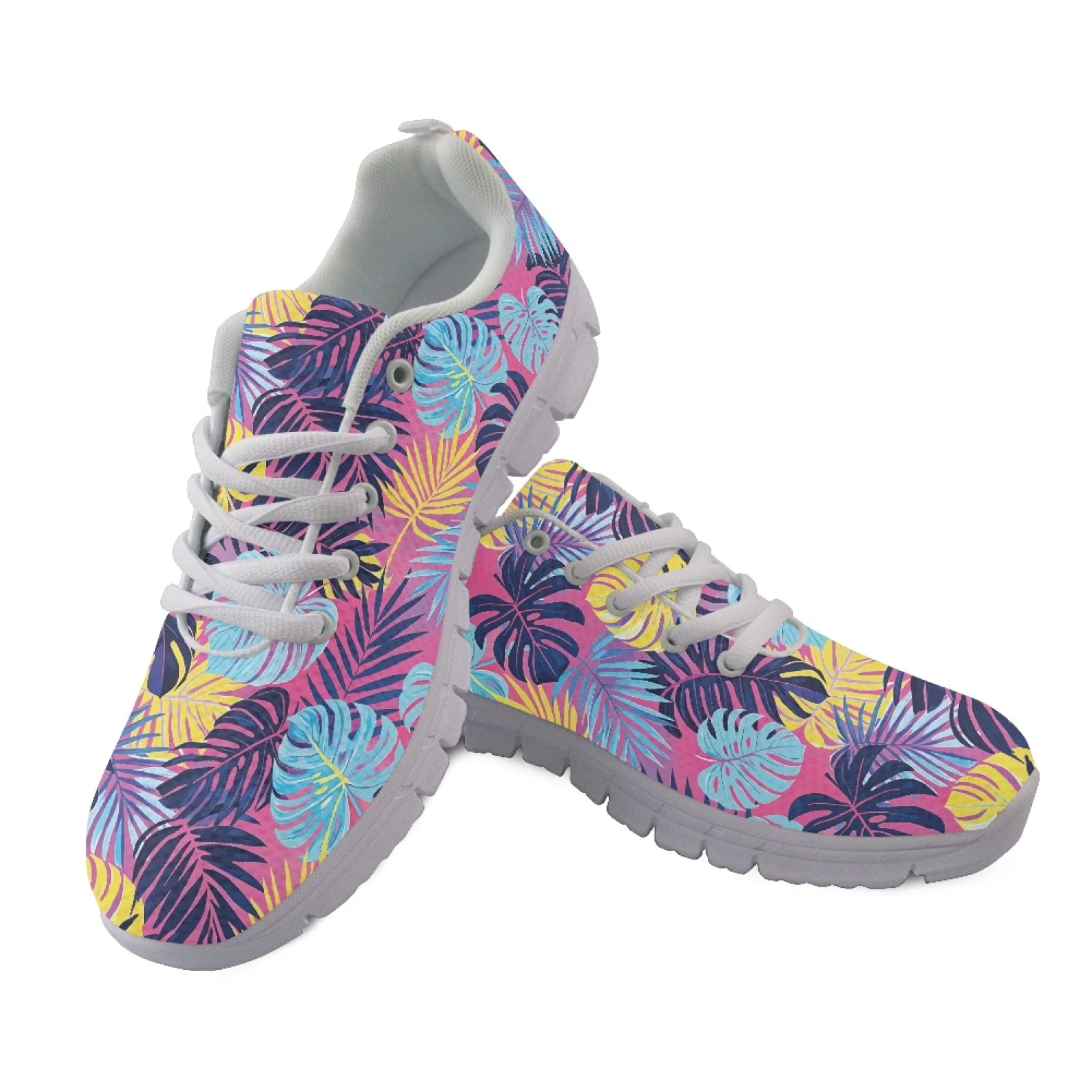 Coloranimal Tropical Leaf Art New Design Lace Up Fashion Sneakers for Women Mesh & EVA Sole Walking Shoes Walking Sneakers