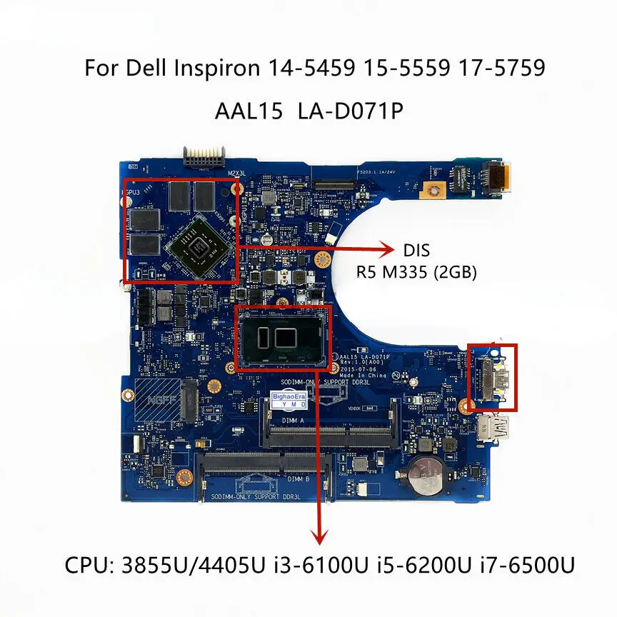 LA-D071P For Dell Inspiron 5459 15-5559 main board i3 i5 i7-6500U CPU R5 M335-