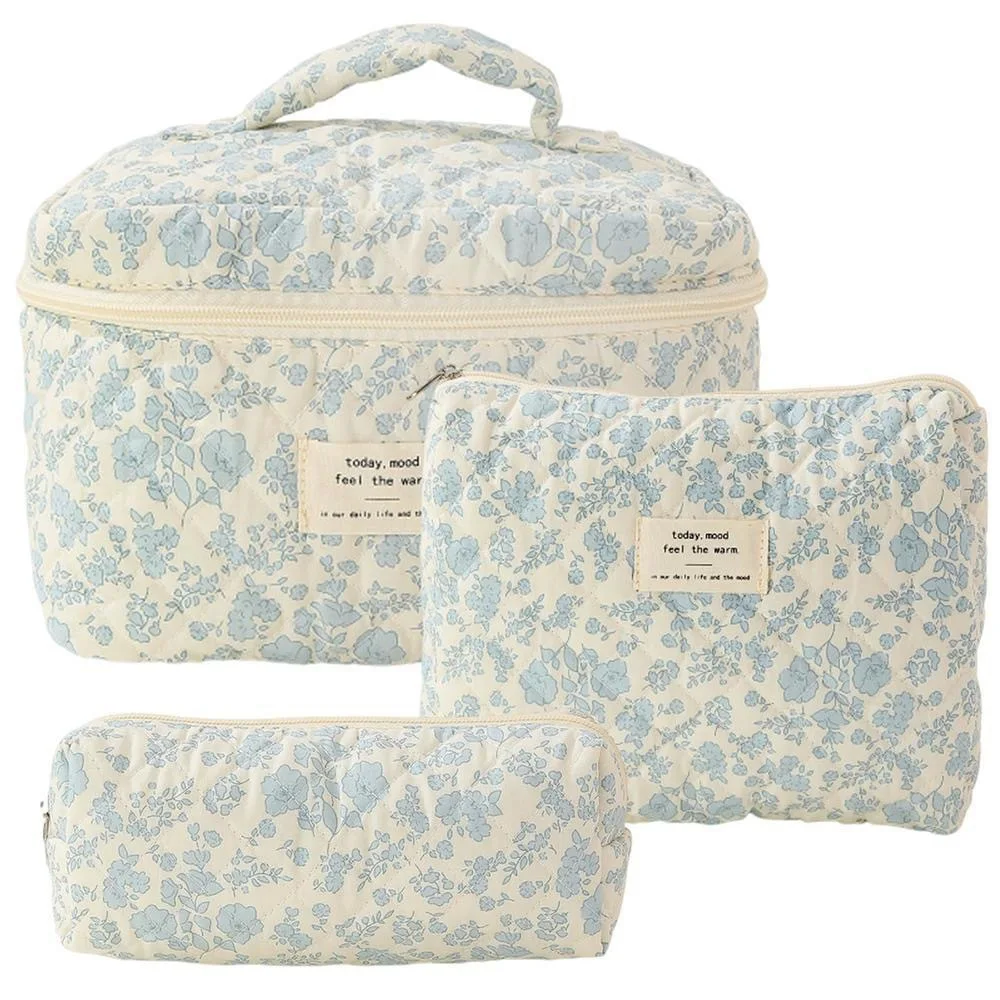 Handheld Makeup Bag Large Capacity Exquisite Small Floral Printed Storage Pouch Soft Portable Cotton Quilted Fabric Cosmetic