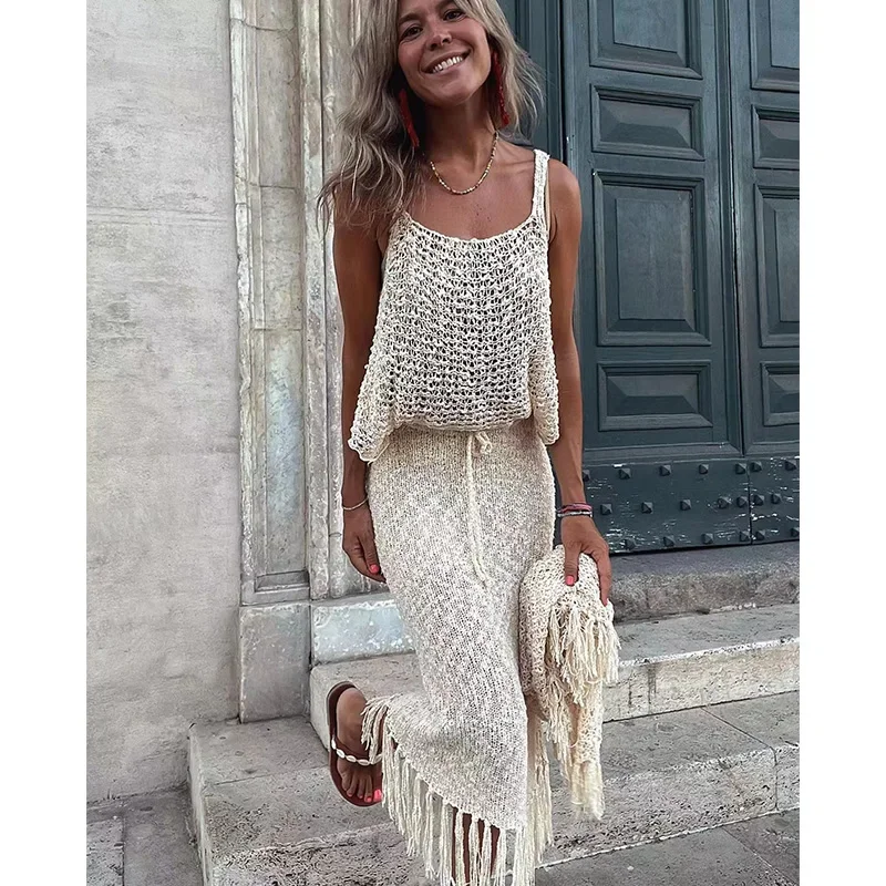 

2024 Cover-ups Knitted Sexy See Through Mesh Beach Cover Summer Camisole Blouse Tassel Long Skirt Two-piece Set Hollow Out Dress