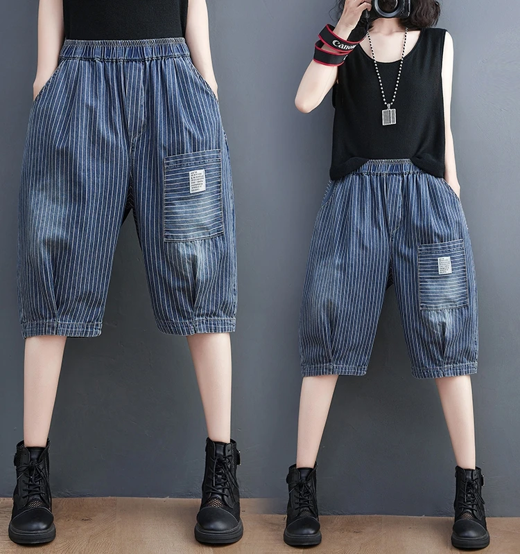 

Loose Women's plus Size Denim orts Wide Leg Striped Five-Point Pants High Waist Commute Sle Korean Faion Cotton Blend