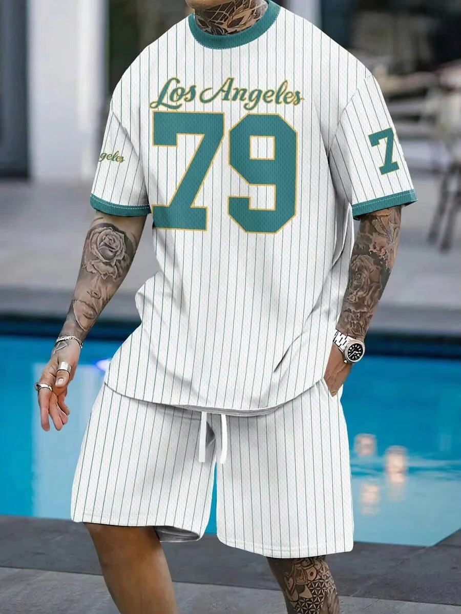 

Men's Los Angeles NO.23 Printed Short Sleeve T-Shirt & Shorts Set No.79 Stripe O-Neck Short Sleeved Women's T-shirt Shorts Sets