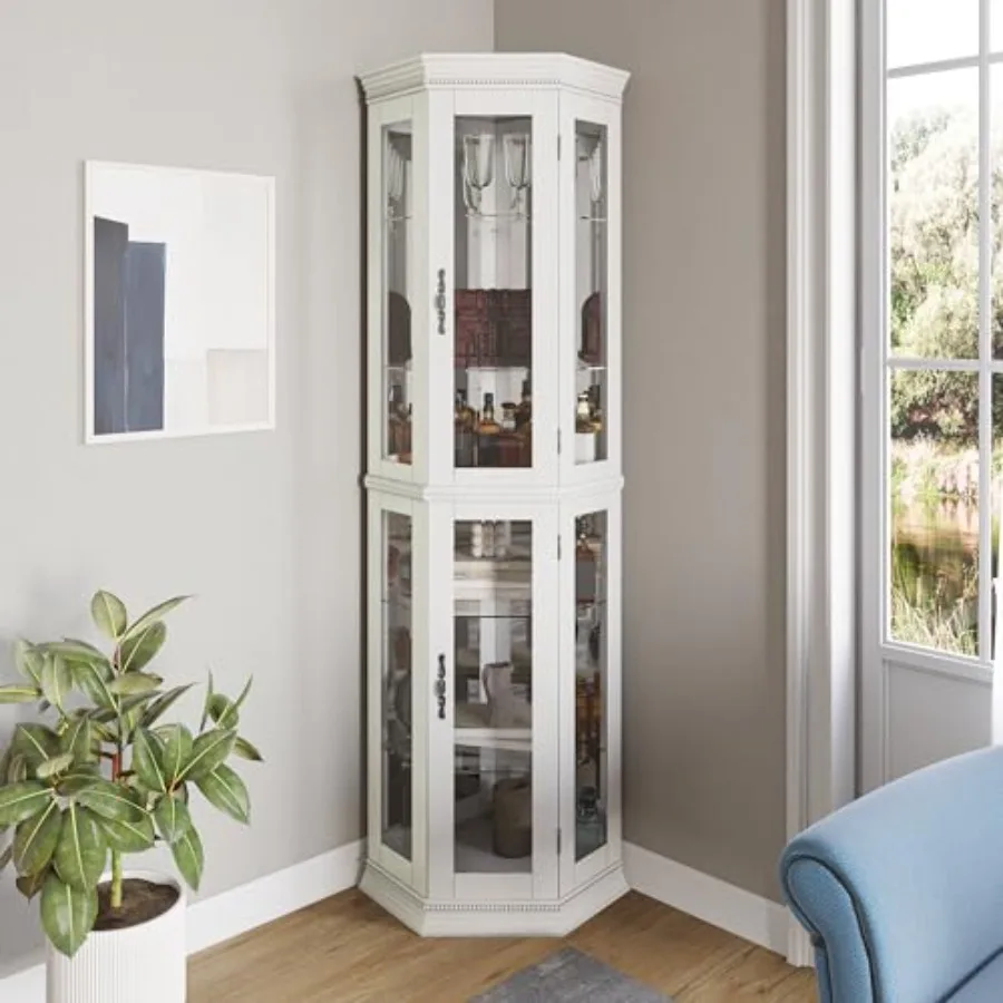 Lighted 3-side glass display curio cabinet for living room bedroom, tempered glass doors/shelves, walnut finish wood, LED accen