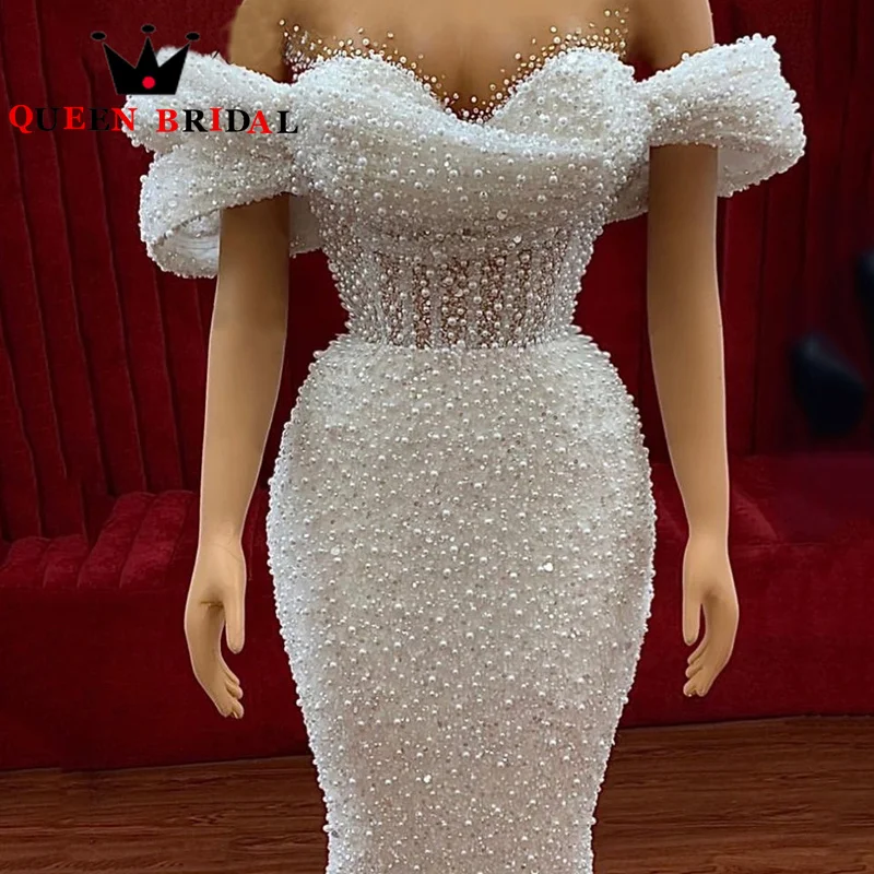 

Luxury Pearls Mermaid Wedding Dresses Off Shoulder Sweetheart Knee-Length Bridal Gowns Vestidos De Novia Custom HF07