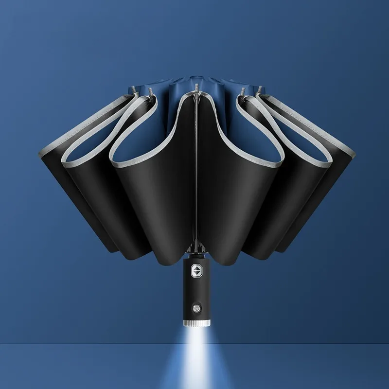 Fully Automatic Reverse Umbrella Black Plastic Sunshade Car Led Light Reflective Strip Folding  Flashlight Advertising Umbrella view 5