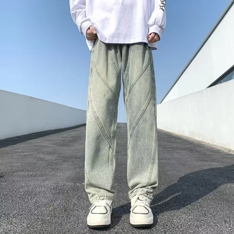 Retro Jeans Men Simple High Street Vintage Spring Autumn Spliced Straight Daily American Style Male Mopping Trousers Popular