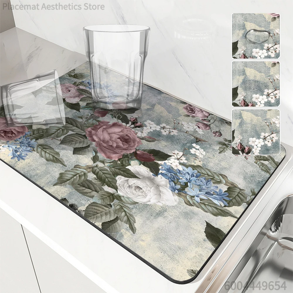 Rutschfeste Küchen-Absorbiermatte mit Rosenmotiv, Superabsorbierende Abtropfmatte für Kaffee und Geschirr, Schnelltrocknende Badezimmer-Abtropfmatte