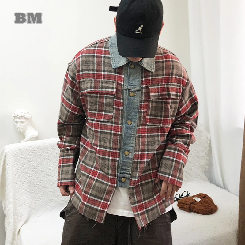 Spring Autumn American High Quality Shirt Men Vintage Checkered Denim Patchwork Long Sleeve Loose Fit High Street Trendy Jacket