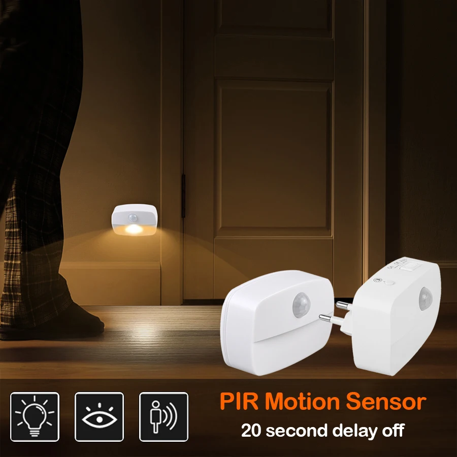 Motion Sensor Night Light EU Plug In Motion Detector 220V Socket Lamp LED Battery Powered for Bedside Closet Aisle Hallway Stair