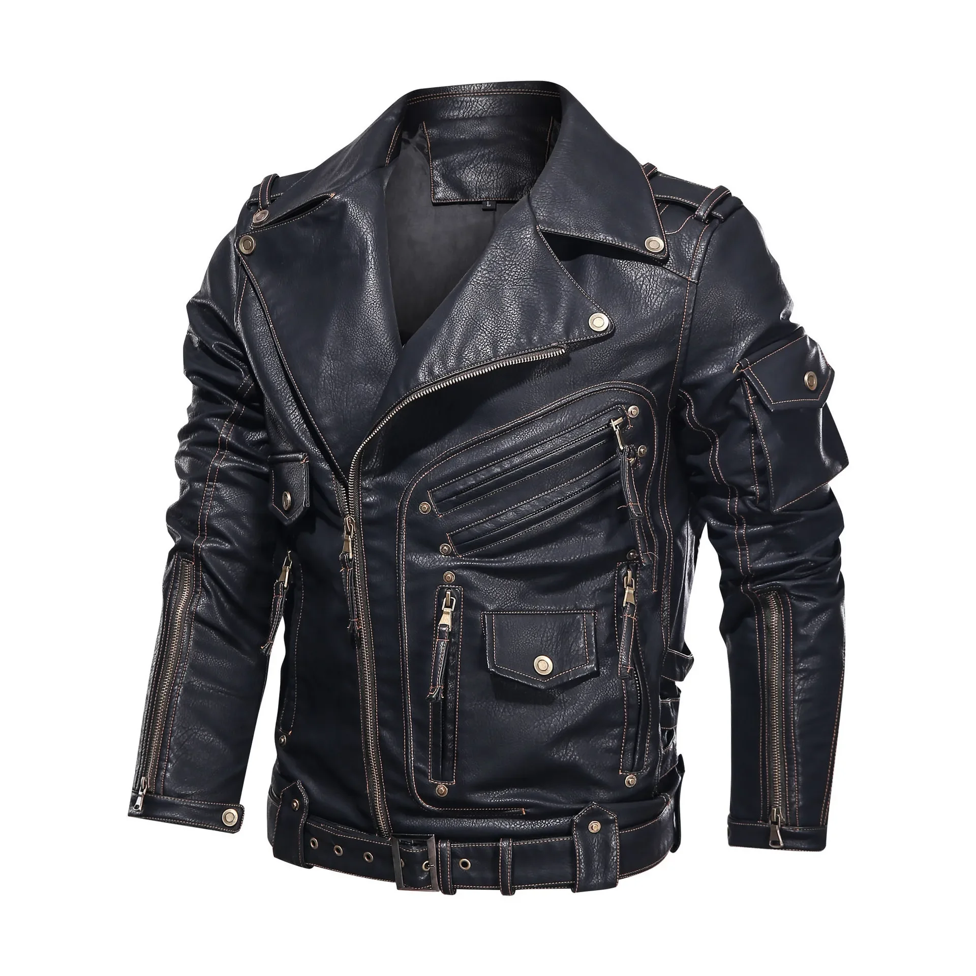 2023 Autumn and Winter Men's New Multi Pocket Zipper Motorcycle Casual Leather Coat