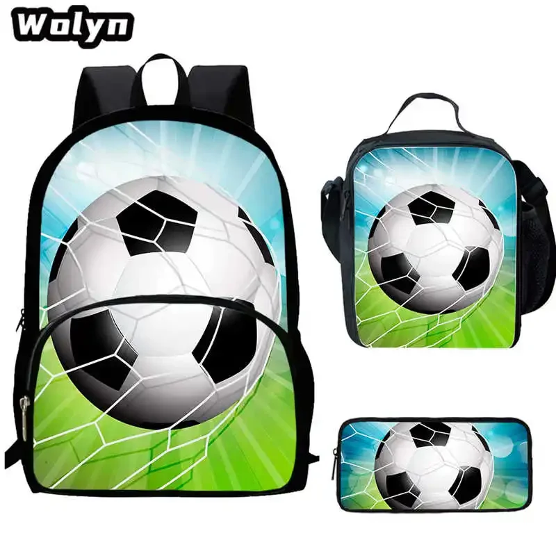 3Pcs Set Soccer 3D Print School Backpack with Lunch Bags Pencil Case for Grade 1-3,  Football Prints School Bags for Boys Girls